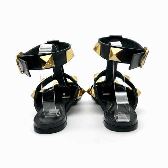 VALENTINO Roman Rockstud Black Gold Cage Flat 38.5 Pointed Toe Leather Gladiator - Picture 7 of 15